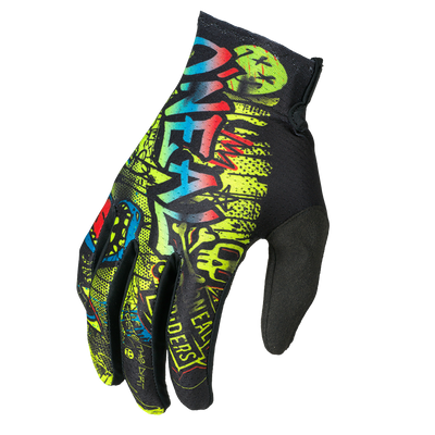 Der O'NEAL MATRIX Youth Glove RANCID von O'NEAL hat eine schwarze Handfläche und auffällige Graffiti-Grafiken in Gelb, Grün, Blau und Rot mit fetten Schriftzügen für einen lebendigen Look.
