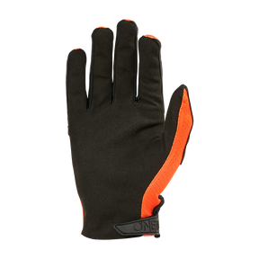 Der O'NEAL MATRIX Handschuh STACKED ist ein schwarzer Handschuh mit einem orangefarbenen Randstreifen und einer "ONE"-Schlaufe am Handgelenk, abgebildet mit der Handfläche nach unten auf weiß. Perfekt als Mountainbike oder Motocross Handschuh.
