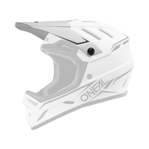 Ein weißer O'NEAL Visor BACKFLIP Helmet SOLID Vollvisier-Motocross-Helm von O'NEAL, dargestellt mit schwarzen Akzenten in einer Dreiviertel-Seitenansicht auf einem schlichten weißen Hintergrund.
