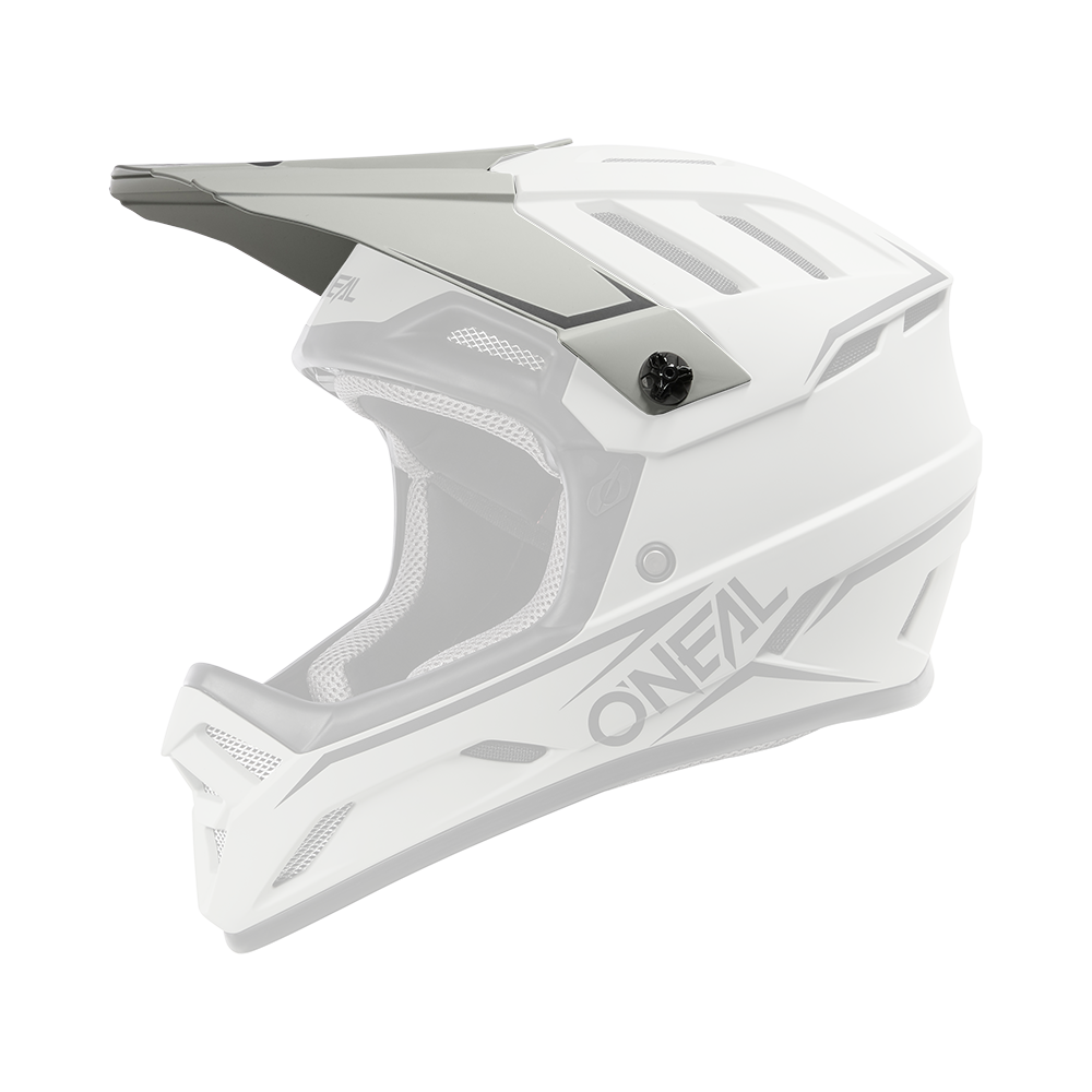 Le casque O'NEAL Visor BACKFLIP SOLID est illustré en gris. Il a une visière, des ouvertures d'aération carrées, une coque en plastique ABS et un rembourrage gris, vu de côté sur un fond blanc sobre.