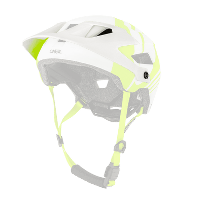 Der O'NEAL Visor DEFENDER Helmet NOVA ist ein weißer und neongelber Mountainbike-Helm mit Belüftungslöchern, verstellbarem Kinnriemen, schwarzer Innenpolsterung und dem O'NEAL-Logo auf der Rückseite.