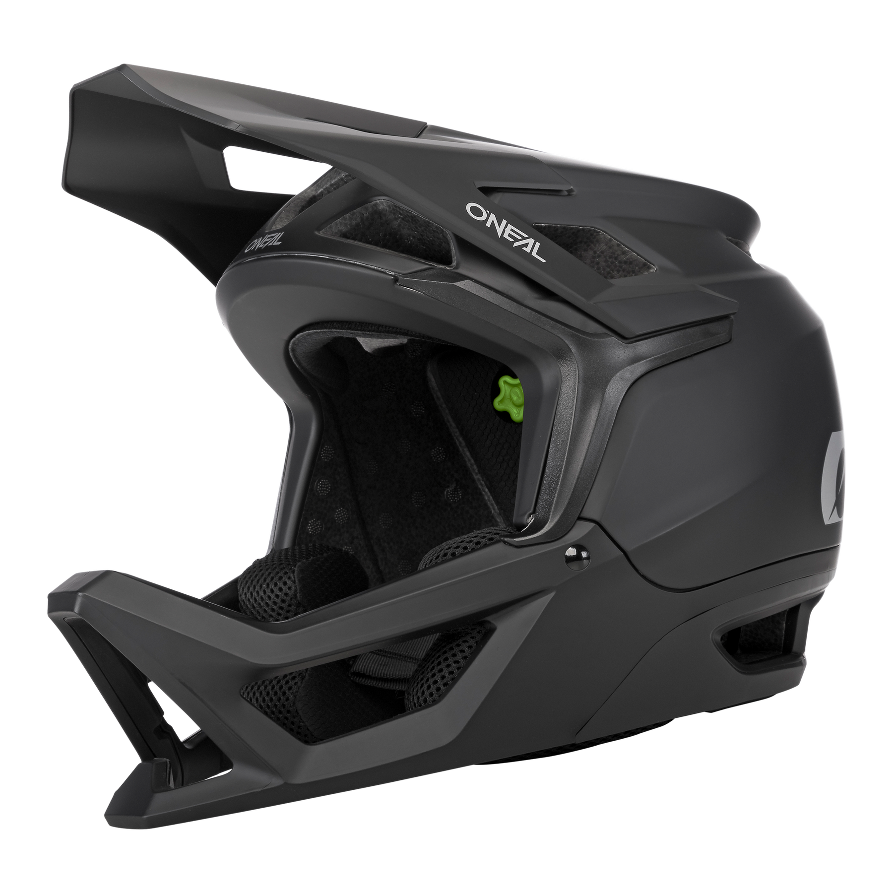Der O'NEAL TRANSITION Helm SOLID in Mattschwarz verfügt über erweiterten Schutz und ein Visier, das aerodynamische Belüftung und robuste Polsterung für Sicherheit bietet. Dieser Integralhelm für Mountainbikes von O'NEAL kombiniert Schutz mit einem schlanken, modernen Design.