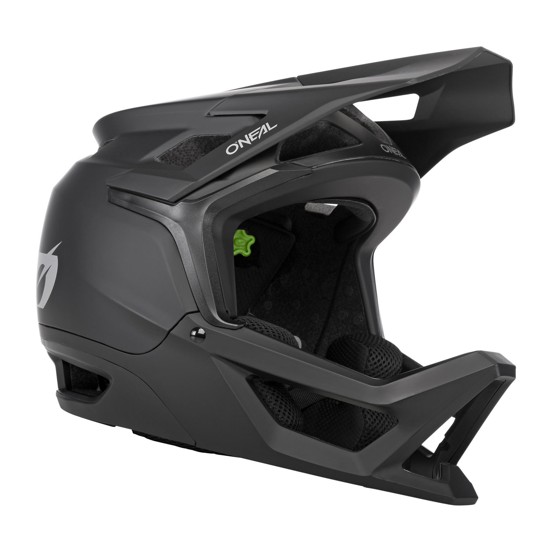 Wir präsentieren den O'NEAL TRANSITION Helm SOLID, einen schwarzen Integralhelm für Mountainbikes mit markantem Kinnschutz und schlankem, aerodynamischem Design. Dieser Helm verfügt über das „O'Neal“-Logo und mehrere Belüftungsöffnungen, darunter ein großes Visier oben zum Schutz vor Sonne und Schmutz.