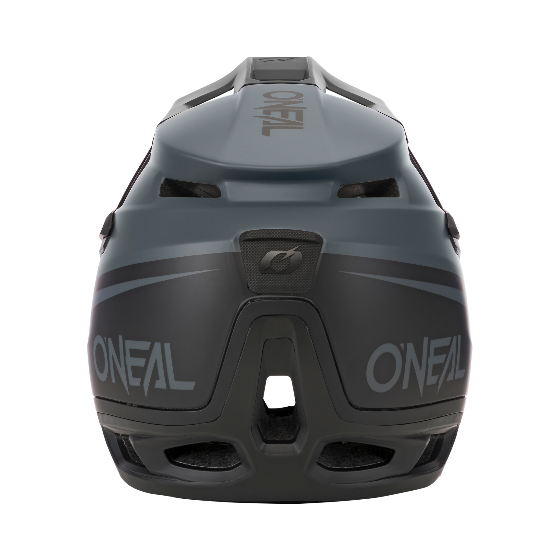 Eine Rückansicht des grau-schwarzen O'NEAL TRANSITION Helm FLASH. Der Helm verfügt über mehrere Belüftungsöffnungen und zeigt deutlich das Markenlogo „O'NEAL“ sowie ein zusätzliches Logo auf der Rückseite. Er wurde für optimalen Schutz entwickelt und verfügt über ein stromlinienförmiges, aerodynamisches Design.