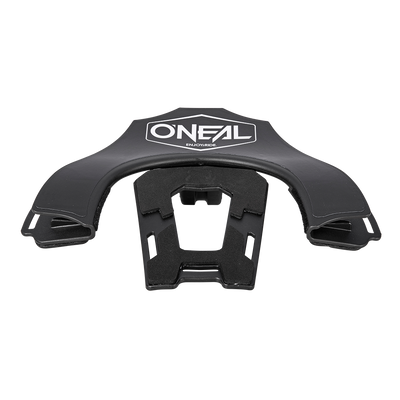 Das O'NEAL Back Part TRON Neckbrace ist in Schwarz mit einem geschwungenen Design abgebildet, von oben gesehen vor einem weißen Hintergrund.