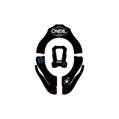 O'NEAL TRON Design Sticker Set SOLID, mit schwarzem und weißem O'Neal-Branding mit blauen und weißen Logo-Akzenten, entworfen für einen stilvollen, ergonomischen Look, um Ihre Motocross- oder Biker-Ausrüstung zu individualisieren.