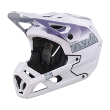 Der O'NEAL SL1 Helm TERRA in Weiß ist ein Fullface-Mountainbikehelm mit violetten Akzenten, Visier und schwarzem Innenpolster-perfekte Ausrüstung für optimalen Schutz auf dem Trail.