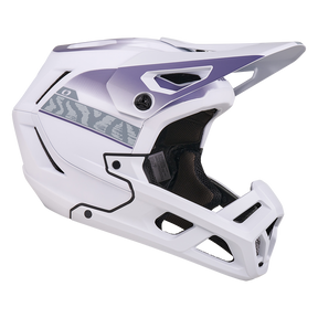 Der O'NEAL SL1 Helm TERRA ist ein weißer und lilafarbener Fullface-Mountainbike-Helm mit Visier, Belüftungsöffnungen, geometrischem Design und dem O'NEAL-Logo, der optimalen Schutz für Ihre Ausrüstung bietet.