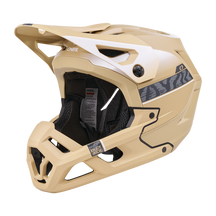 Der O'NEAL SL1 Helm TERRA ist ein sandfarbener Fullface-Mountainbike-Helm mit schwarzer Innenausstattung, Belüftungsöffnungen, Visier, dezenten Seitenstreifen und Branding - bietet optimalen Schutz als Ausrüstung für anspruchsvolles Terrain.