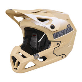 El casco O'NEAL SL1 TERRA es un casco integral para bicicleta de montaña de color arena con interior negro, aberturas de ventilación, visera, discretas bandas laterales y marca, que ofrece una protección óptima como equipamiento para terrenos exigentes.