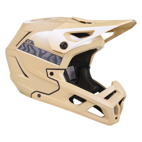 Der O'NEAL SL1 Helm TERRA, ein beiger Fullface-Mountainbike-Helm mit schwarzen und grauen Streifen, seitlichen Belüftungsöffnungen und einem großen Visier, bietet optimalen Schutz und Ausstattung, abgebildet auf weißem Hintergrund.