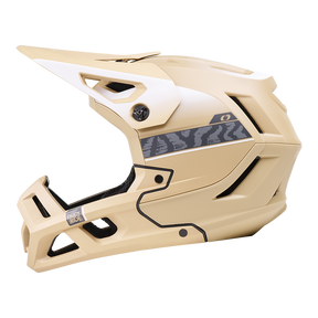 Der O'NEAL SL1 Helm TERRA ist ein beiger Fullface-Mountainbike-Helm mit weißem Visier, schwarzem Seitenstreifen und eckigen Belüftungsöffnungen, die optimalen Schutz bieten. Abgebildet im rechten Profil auf weißem Hintergrund-perfekte Ausrüstung für jedes Abenteuer.
