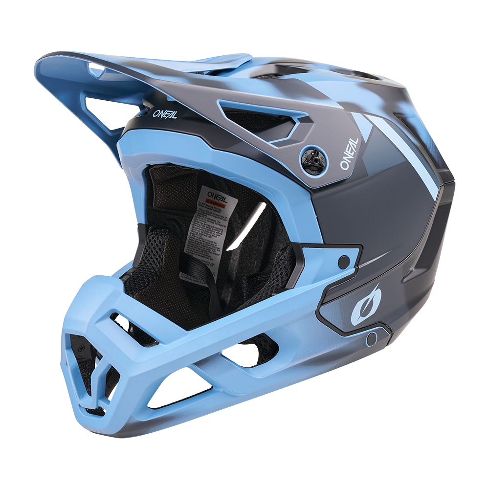 Der O'NEAL SL1 Helm GLACIOR ist ein blauer Fullface-Mountainbike-Helm mit Visier, Kinnschutz, Belüftungsöffnungen und gepolstertem Innenfutter. Das O'NEAL-Logo steht für hochwertige Ausrüstung und optimalen Schutz beim Fahren.