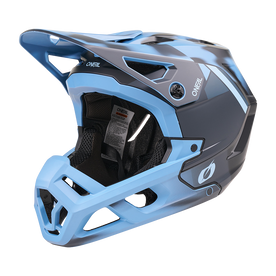 Der O'NEAL SL1 Helm GLACIOR ist ein blauer Fullface-Mountainbike-Helm mit Visier, Kinnschutz, Belüftungsöffnungen und gepolstertem Innenfutter. Das O'NEAL-Logo steht für hochwertige Ausrüstung und optimalen Schutz beim Fahren.
