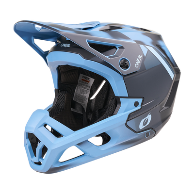 Der O'NEAL SL1 Helm GLACIOR ist ein blauer Fullface-Mountainbike-Helm mit Visier, Kinnschutz, Belüftungsöffnungen und gepolstertem Innenfutter. Das O'NEAL-Logo steht für hochwertige Ausrüstung und optimalen Schutz beim Fahren.