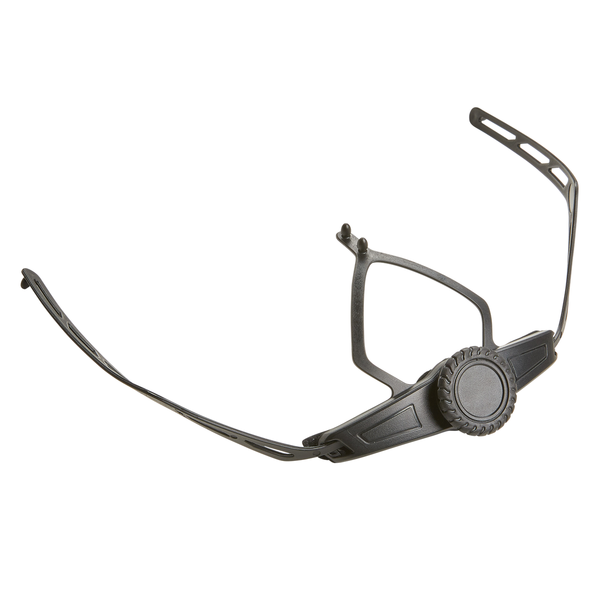 Der O'NEAL Retention System DIRT LID Helm von O'NEAL verfügt über ein schwarzes, verstellbares Kunststoff-Kopfband mit einem kreisförmigen Einstellrad an der Vorderseite für eine sichere Befestigung des Helms oder der Kopfbedeckung.