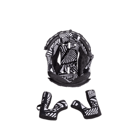 Le casque Liner & Cheek Pads WARP de O'NEAL est montré de dessus et met en valeur son extérieur noir avec un motif géométrique blanc et un rembourrage intérieur. Deux coussinets de joues amovibles assortis sont visibles en dessous du casque sur un fond transparent.