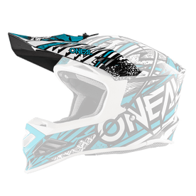 The O'NEAL Visor 8SRS Helmet SYNTHY is a motocross helmet with eye-catching black, white and blue graphics, large "O'NEAL" lettering on the side, a visor and full face protection.