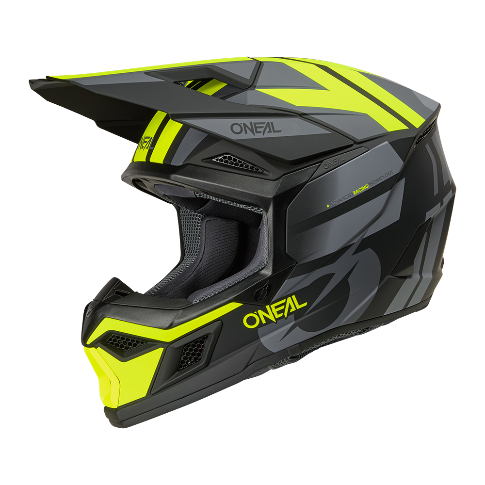 Der O'NEAL 3SRS Helmet RIDE ist ein schwarz/grau/neongelber Motocross-Helm mit geometrischen Mustern, einem Visier und O'NEAL-Branding an der Seite und auf der Vorderseite.