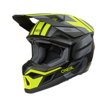 Der O'NEAL 3SRS Helmet RIDE ist ein schwarzer und neongelber Motocross-Helm mit Visier, kantigem Design und Netzfutter, der von der Seite auf einem einfarbigen Hintergrund dargestellt wird.