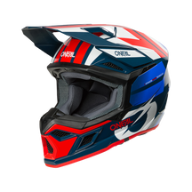 Der O'NEAL 3SRS Helmet RIDE ist ein Motocross-Helm mit rot-weiß-blau-schwarzem Grafikdesign, Visier, Kinnschutz und O'NEAL-Branding an der Seite und vorne.