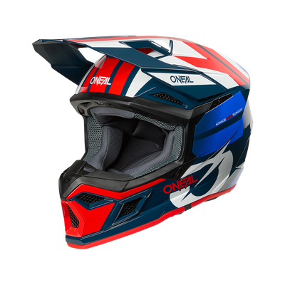 Der O'NEAL 3SRS Helmet RIDE ist ein Motocross-Helm mit rot-weiß-blau-schwarzem Grafikdesign, Visier, Kinnschutz und O'NEAL-Branding an der Seite und vorne.