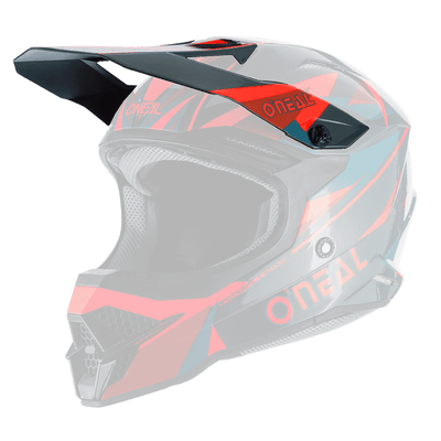 Der O'NEAL Visor 3SRS Helmet TRIZ ist ein roter, schwarzer und blauer Motocross-Vollvisierhelm mit geometrischen Mustern, einem Visier und dem O'NEAL-Logo auf der Seite und der Vorderseite.