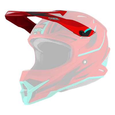 Der O'NEAL Visor 3SRS Helmet RIFF 2.0 ist ein rot-schwarz-grüner Motocross-Helm mit großem Visier, kantigem Design, aerodynamischer Belüftung und auffälligem O'NEAL-Branding.