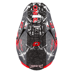 Ein O'NEAL 5SRS Polyacrylite Helm HR in Schwarz, verziert mit aufwendigen rot-weißen Grafikdesigns. Das Kunstwerk zeigt Totenköpfe, Kolben und die Sätze „LOUD & FAST“ und „Tazmanian Terror“. Markenlogos sind vorhanden. Dieser ABS-Motocross-Helm zeichnet sich durch eine schlanke, aerodynamische Form und hochwertige Verarbeitung aus.