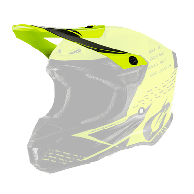 Der O'NEAL Visor 5SRS Polyacrylite Helm TRACE ist ein gelb-schwarzer Motocross-Helm mit Visier, aerodynamischen Belüftungsöffnungen und seitlichen Grafiken, die auf einem transparenten Hintergrund dargestellt sind.