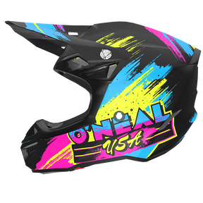 Der O'NEAL 5SRS Polyacrylit-Helm RESEDA hat eine schwarze Basis mit leuchtenden blauen, gelben und rosafarbenen Spritzern und einem auffälligen "O'NEAL USA"-Schriftzug an der Seite.