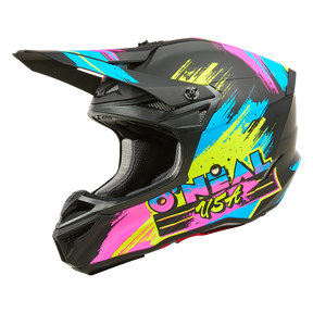 Der O'NEAL 5SRS Polyacrylit-Helm RESEDA hat ein schwarzes Design mit neonblauen, pinken und gelben Pinselstrich-Akzenten und dem Aufdruck "O'NEAL USA" an der Seite.