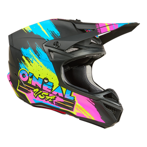 Der O'NEAL 5SRS Polyacrylite Helmet RESEDA ist ein schwarzer Motocross-Helm mit neonblauen, gelben und pinken Grafiken, "O'NEAL USA" an der Seite, einem großen Visier und mehreren Belüftungsöffnungen.