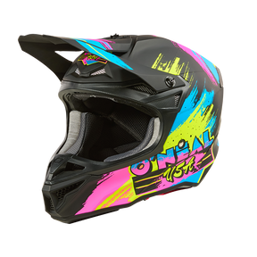 Der O'NEAL 5SRS Polyacrylite Helm RESEDA ist ein schwarz/neonfarbener Motocross-Helm mit Visier, der mit auffälligen blauen, gelben und pinken Graffiti-Motiven und dem O'NEAL-Logo an der Seite versehen ist.