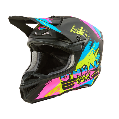 Der O'NEAL 5SRS Polyacrylite Helm RESEDA ist ein schwarz/neonfarbener Motocross-Helm mit Visier, der mit auffälligen blauen, gelben und pinken Graffiti-Motiven und dem O'NEAL-Logo an der Seite versehen ist.