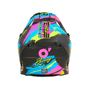 Der O'NEAL 5SRS Polyacrylite Helmet RESEDA ist ein schwarzer Motocross-Helm mit neonblauen, gelben und pinken Pinselstrichen und den markanten Logos "O'NEAL" und "Racing" auf der Rückseite.