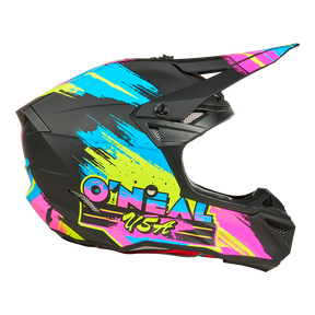 Der O'NEAL 5SRS Polyacrylite Helmet RESEDA ist ein schwarzer Motocross-Helm mit leuchtenden neonblauen, gelben und pinken Pinselstrichmustern und dem O'NEAL-Logo an der Seite.