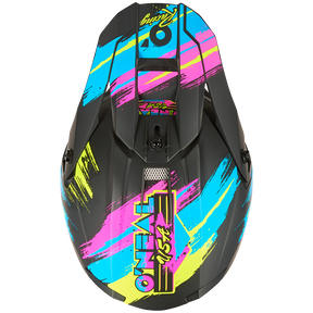 Draufsicht auf den O'NEAL 5SRS Polyacrylit-Helm RESEDA in Schwarz mit leuchtenden rosa, blauen und gelben Pinselstrichmustern und auffälligem O'NEAL-Branding.