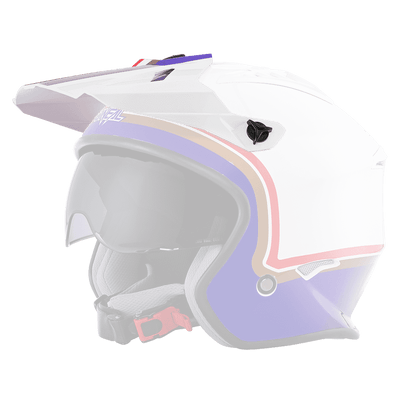 Der O'NEAL Visor VOLT Helmet ROTHMANS ist ein stylischer weiß-blauer Offroad-Motorradhelm mit einem schlanken Design mit roten und braunen Streifen, einem integrierten Sonnenvisier über dem Hauptgesichtsschutz, seitlichen Belüftungsöffnungen und einem roten Kinnriemen.