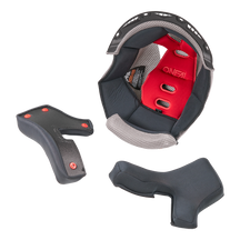 O'NEAL Liner & Cheek Pads 1SRS Helm gezeigt entfernt und auf einem weißen Hintergrund angeordnet. Die Schwarz/Grau Pads sind hauptsächlich schwarz mit grauen Akzenten, entworfen für O'NEAL Helme.
