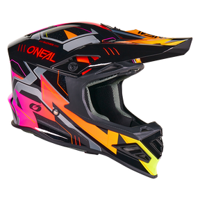Der O'NEAL F-SRS Helm CRUX ist ein schwarzer Motocross-Helm mit Visier, der auffällige geometrische Motive in Orange, Gelb, Pink, Weiß und Grau sowie den Schriftzug O'NEAL" in Rot an der Seite aufweist.