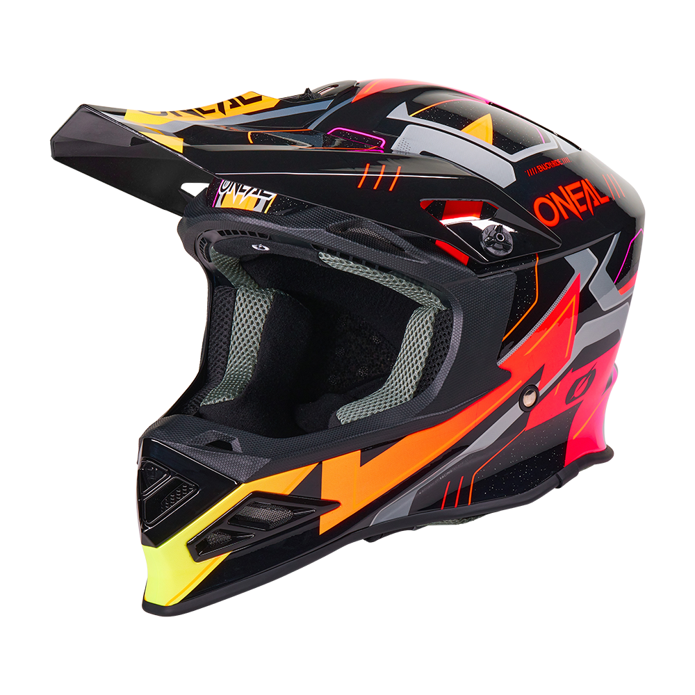 Der O'NEAL F-SRS Helm CRUX ist ein Fullface-Motocross-Helm in Schwarz/Multi mit auffälliger geometrischer Grafik und dem O'NEAL-Markennamen an der Seite.