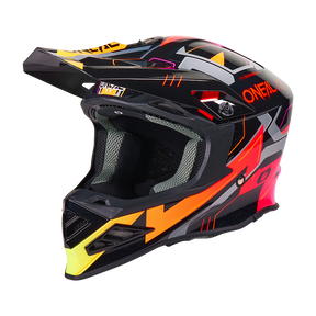 Der O'NEAL F-SRS Helm CRUX ist ein Fullface-Motocross-Helm in Schwarz/Multi mit auffälliger geometrischer Grafik und dem O'NEAL-Markennamen an der Seite.