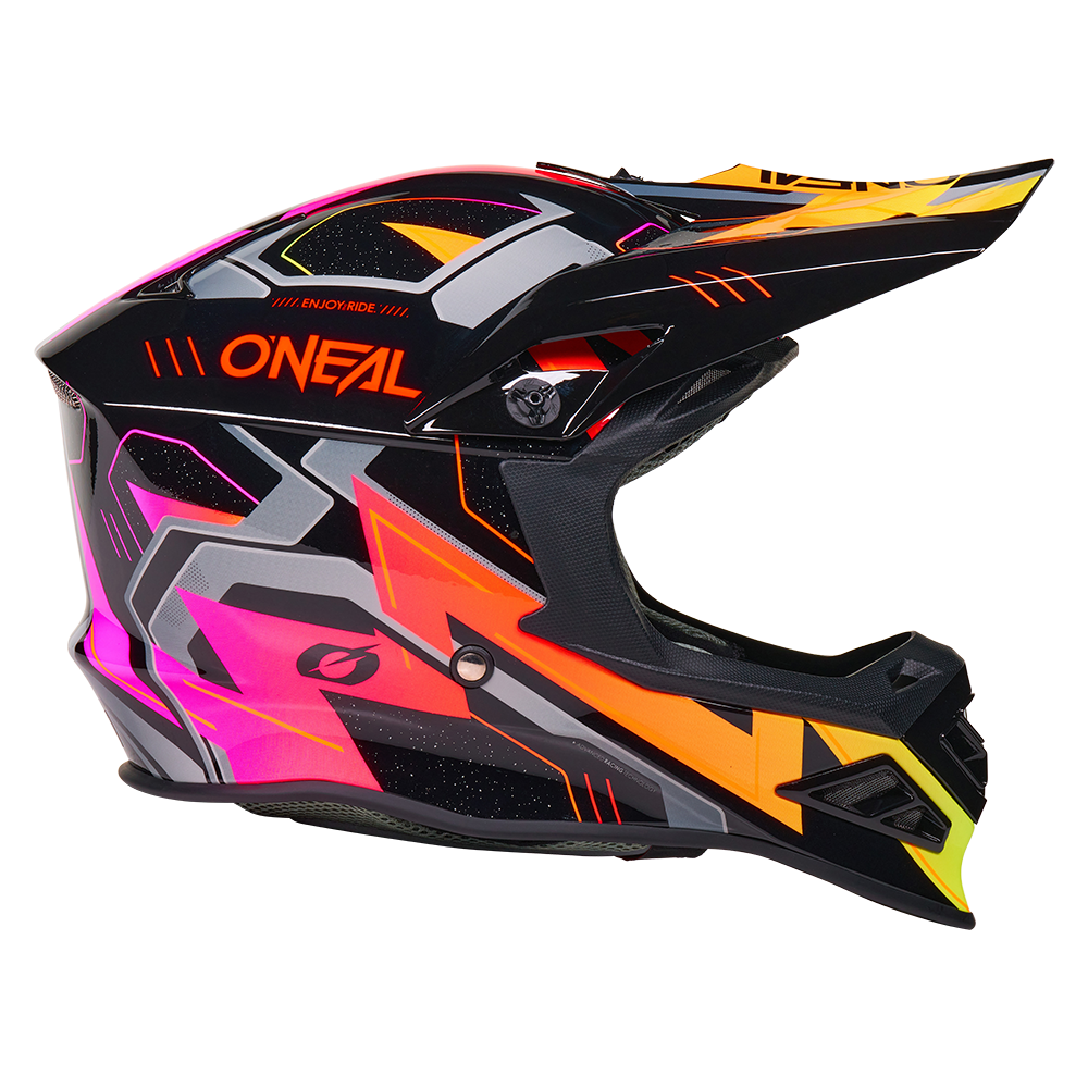 Der O'NEAL F-SRS Helm CRUX hat eine schwarze Basis mit auffälligen geometrischen Mustern in Orange, Gelb, Pink und Silber, ein markantes Visier und das "O'NEAL"-Logo in Orange an der Seite.