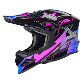 Der O'NEAL F-SRS Helm CRUX ist ein Motocross-Vollvisierhelm mit modernem, geometrischem Design in Schwarz, Grau, Pink und Blau. Er verfügt über ein Visier, einen großen Kinnschutz und ein auffälliges pinkfarbenes "O'NEAL"-Branding an der Seite.