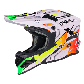 Der O'NEAL F-SRS Helmet CRUX ist ein farbenfroher Motocross-Helm mit Visier, der auffällige geometrische Muster in Weiß, Schwarz, Grün, Gelb und Orange sowie das O'NEAL-Logo an der Seite zeigt.