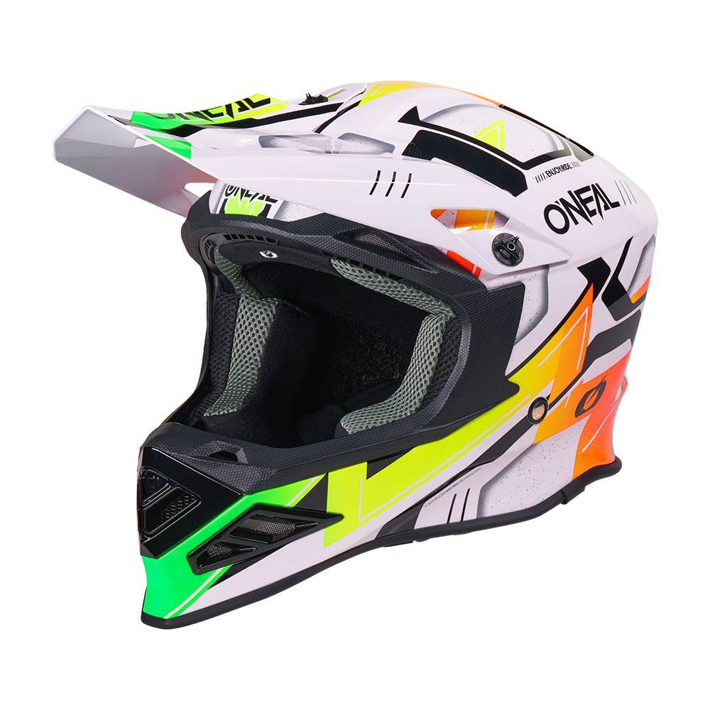 Der O'NEAL F-SRS Helm CRUX ist ein weiß/multi Motocross-Helm mit farbigen Akzenten, großem Visier und markantem O'NEAL-Branding.