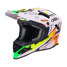 Der O'NEAL F-SRS Helm CRUX ist ein weiß/multi Motocross-Helm mit farbigen Akzenten, großem Visier und markantem O'NEAL-Branding.
