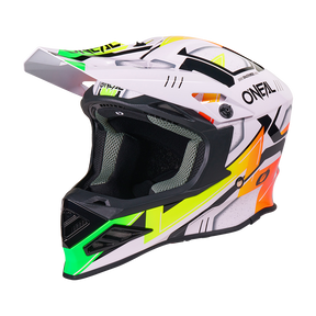 Der O'NEAL F-SRS Helm CRUX ist ein weiß/multi Motocross-Helm mit farbigen Akzenten, großem Visier und markantem O'NEAL-Branding.