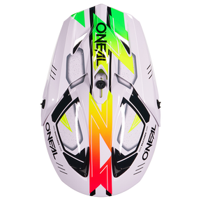 Der O'NEAL F-SRS Helm CRUX von O'NEAL ist ein weißer Helm mit mehrfarbigen Motiven.